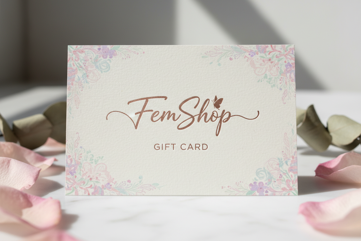 un buono regalo di cartoncino con il logo di FemSHop